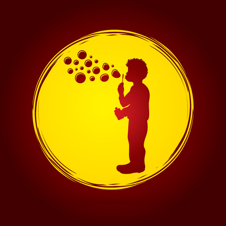 A little boy blowing soap bubbles designed on grunge circle graphic vector.のイラスト素材