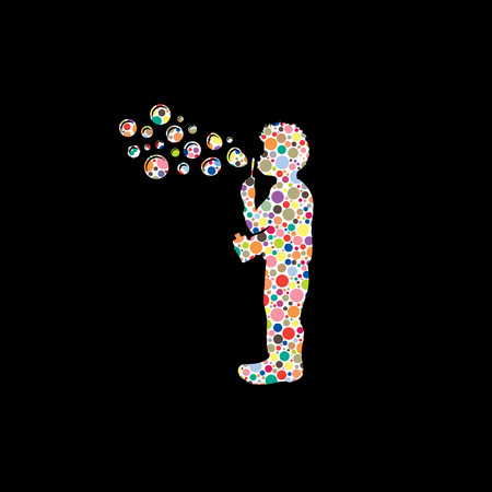 A little boy blowing soap bubbles designed using colorful halftone graphic vector.のイラスト素材