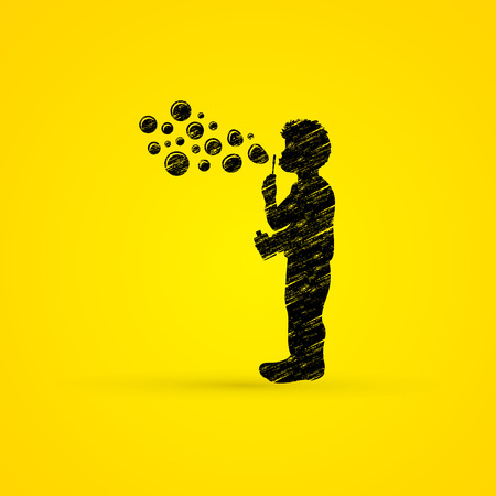 A little boy blowing soap bubbles designed using grunge brush graphic vector.のイラスト素材