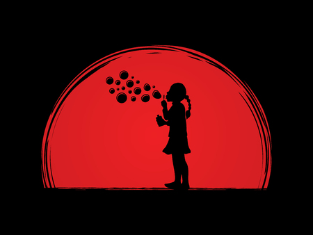 A little girl blowing soap bubbles designed on sunset background graphic vector.のイラスト素材
