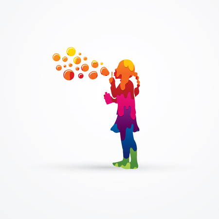 A little girl blowing soap bubbles designed using melt colors graphic vector.のイラスト素材