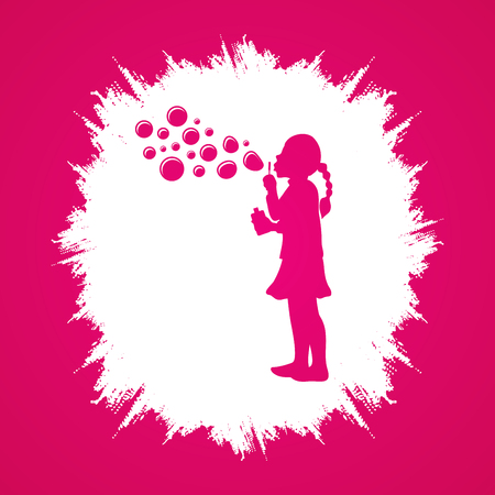 A little girl blowing soap bubbles designed on grunge frame background graphic vector.のイラスト素材