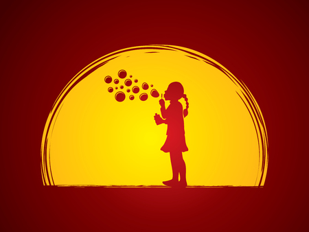 A little girl blowing soap bubbles designed on moonlight background graphic vector.のイラスト素材