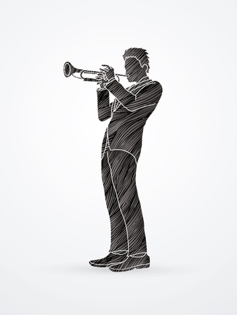 Trumpeter playing trumpet designed using black grunge brush graphic vector.のイラスト素材