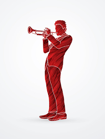 Trumpeter playing trumpet designed using red grunge brush graphic vector.のイラスト素材