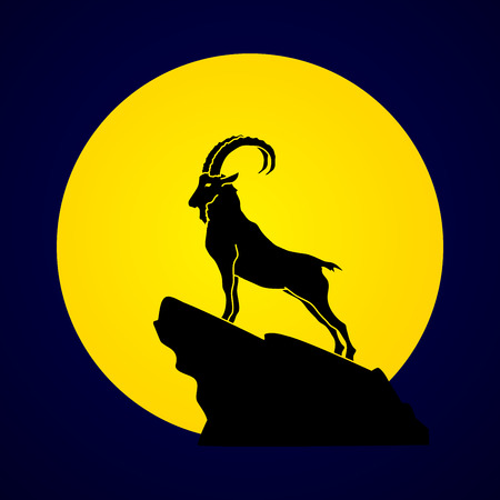 Ibex standing on the cliff designed on moonlight background graphic vector.のイラスト素材