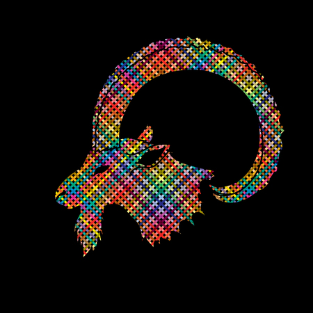 Ibex head with big horn designed using colorful pixels graphic vector.のイラスト素材