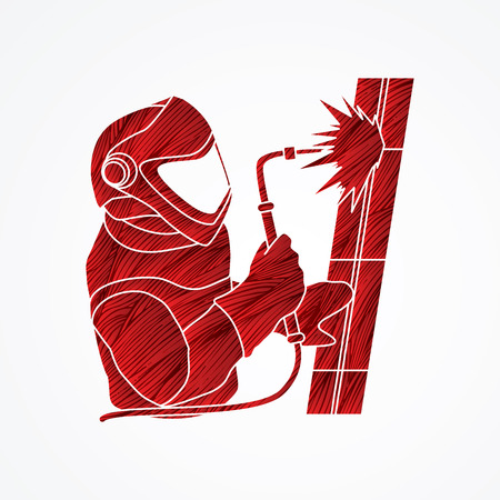 Welder working designed using red grunge brush graphic vector.のイラスト素材