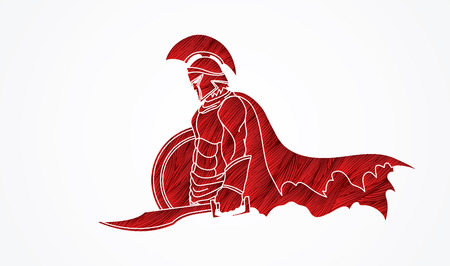 Spartan warrior with sword and shield designed using red grunge brush graphic vector.のイラスト素材