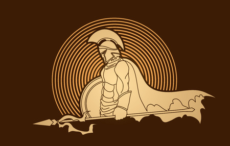 Spartan warrior with Spear and shield designed on golden light background graphic vector.のイラスト素材