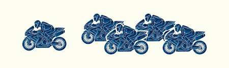 5 Motorcycles racing side view designed using blue grunge brush graphic vector.のイラスト素材