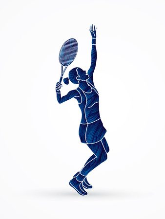 Woman tennis player serve designed using blue grunge brush graphic vector.のイラスト素材