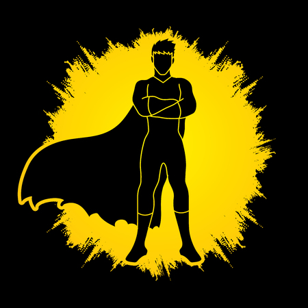 Super hero man standing arms across the chest design on grunge frame background graphic vector.のイラスト素材