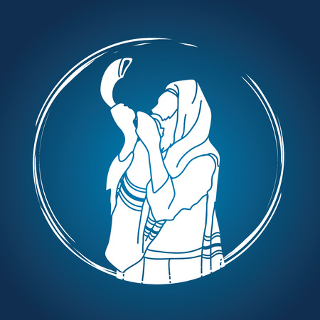 Jew blowing the shofar sheep horn graphic vector.のイラスト素材