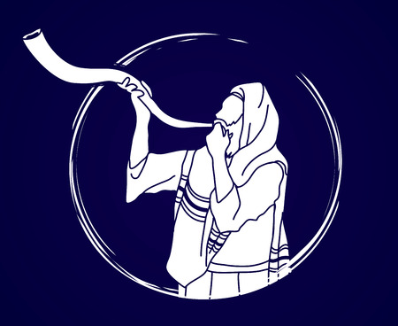 Jew blowing the shofar sheep kudu horn graphic .のイラスト素材