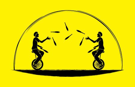 Men juggling pins while cycling together graphic vector.のイラスト素材