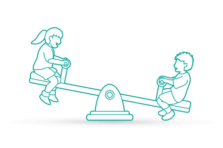 Happy Children, Little boy and girl are playing seesaw together outline stroke graphic vectorのイラスト素材