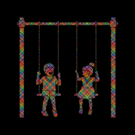 Happy Children, Little boy and girl are playing swing together designed using colorful pixels graphic vectorのイラスト素材