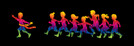 The winner Group of children running marathon, little boy and girl play together, team work, Friendship designed using melting colors graphic vector.のイラスト素材