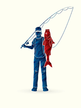 Fisherman standing and show big fish designed using grunge brush dot pixels graphic vectorのイラスト素材