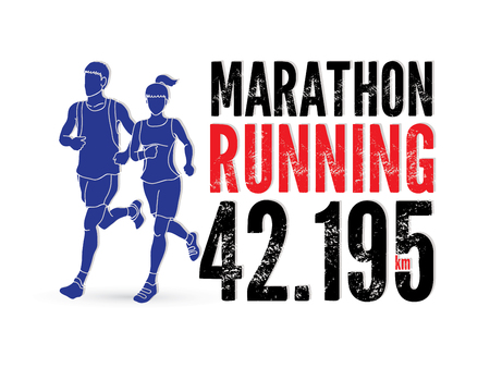 Man and woman running together with text marathon running number graphic vector.のイラスト素材