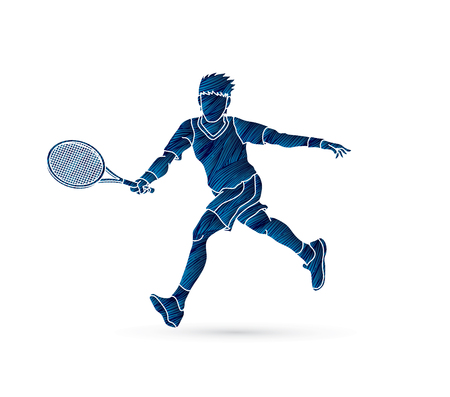 Tennis player running , Man play tennis movement designed using blue grunge brush graphic vector.のイラスト素材