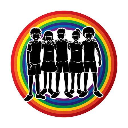 Group of Children arm around another's shoulder, Children hugging designed on rainbow background graphic vector.のイラスト素材
