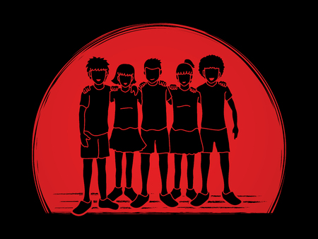 Group of Children arm around another's shoulder, Children hugging designed on sunlight background graphic vector.のイラスト素材