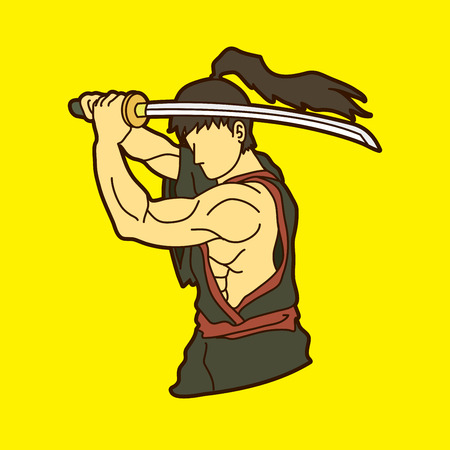 Samurai with sword katana, Sword man ready to fight graphic vectorのイラスト素材