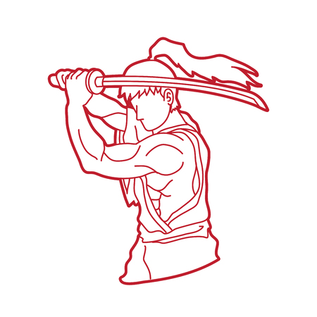 Samurai with sword katana, Sword man ready to fight outline graphic vectorのイラスト素材