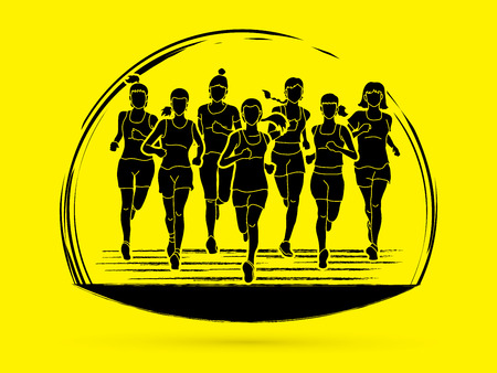 Women running, Marathon runners, Group of people running graphic vector.のイラスト素材