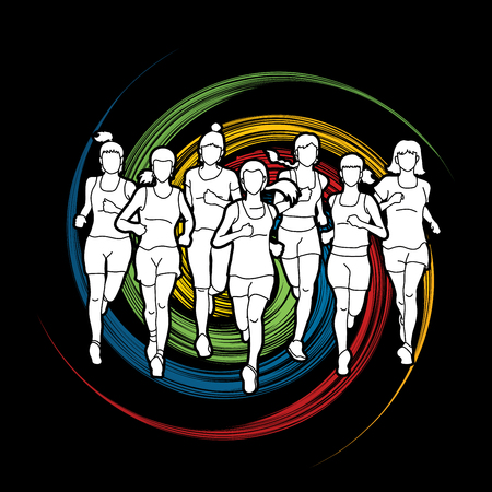Women running, Marathon runners, Group of people running designed on spin wheel background graphic vector.のイラスト素材