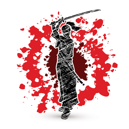 Samurai standing with sword katana, Ready to fight designed on splatter blood background graphic vectorのイラスト素材