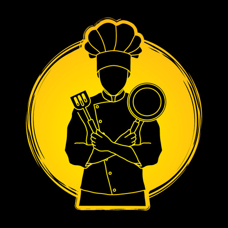 Chef cook standing crossed arms with pan and spatula designed on sunlight background  graphic vectorのイラスト素材
