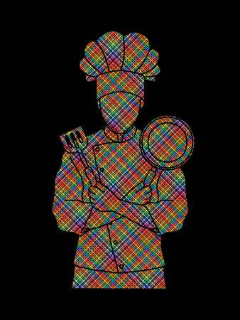 Chef cook standing crossed arms with pan and spatula designed using colorful pixels graphic vectorのイラスト素材