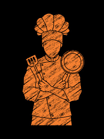 Chef cook standing crossed arms with pan and spatula designed using grunge brush graphic vectorのイラスト素材