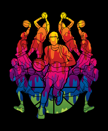 Basketball Team player dunking dripping ball action designed using melting colors graphic vectorのイラスト素材