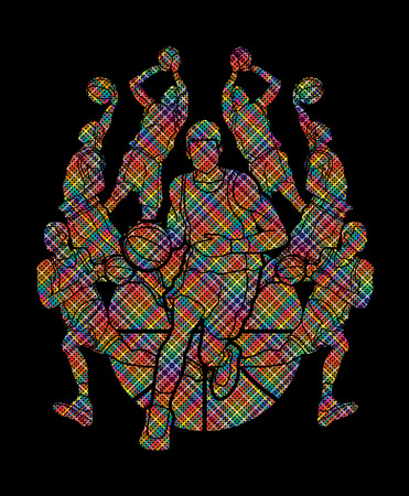 Basketball Team player dunking dripping ball action designed using colorful pixels graphic vectorのイラスト素材
