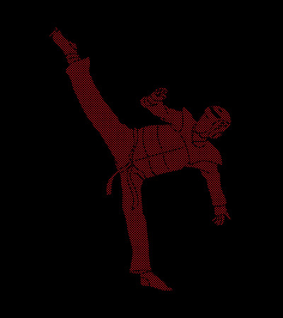Taekwondo kick action with guard equipment designed using dots pixels graphic vector.のイラスト素材