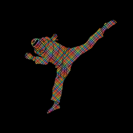 Taekwondo jump kick action with guard equipment designed using colorful pixels graphic vector.のイラスト素材