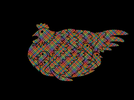 Hen with chicken designed using colorful pixels graphic vector.のイラスト素材