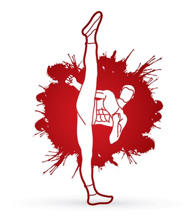Kung fu, Karate high kick front view designed on splatter blood background graphic vector.のイラスト素材