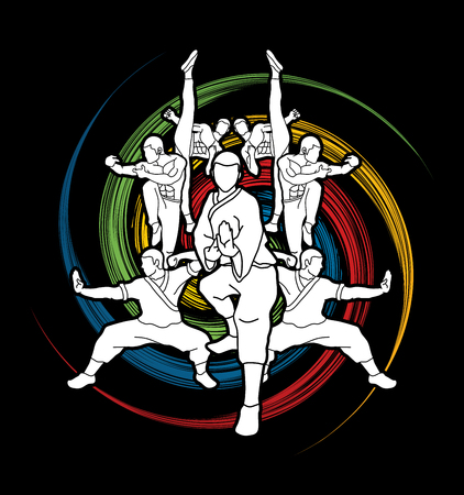 Kung fu action composition designed on spin wheel graphic vector.のイラスト素材