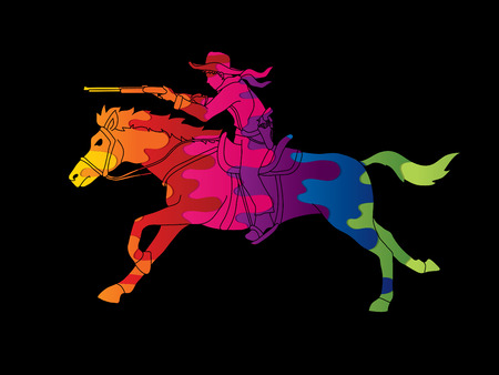 Cowboy on horse, aiming rifle designed using colorful graphic vectorのイラスト素材