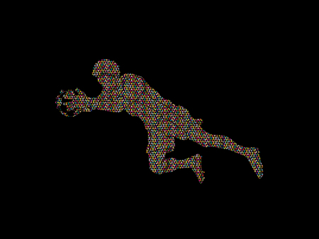 Goalkeeper jumping action, catches the ball designed using mosaic pattern graphic vector.のイラスト素材