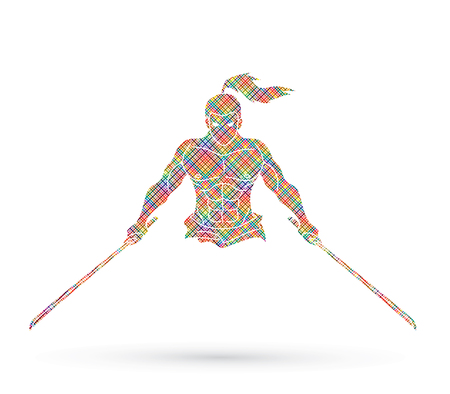 Angry Samurai standing with swords front view designed using colorful pixels graphic vector.のイラスト素材