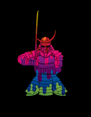Samurai standing front view ready to fight designed using colorful graphic vector.のイラスト素材
