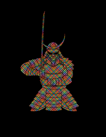 Samurai standing front view ready to fight designed using colorful pixels graphic vector.のイラスト素材