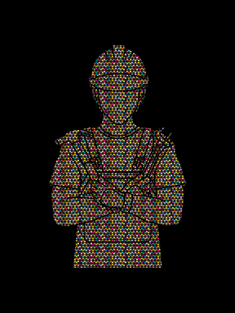 Engineer standing with hammer and pliers cartoon designed using mosaic pattern graphic vectorのイラスト素材