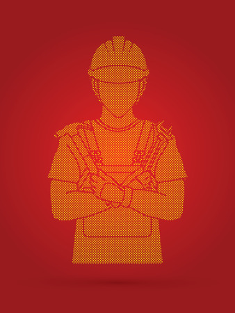 Engineer standing with hammer and pliers cartoon designed using dots pixels graphic vectorのイラスト素材